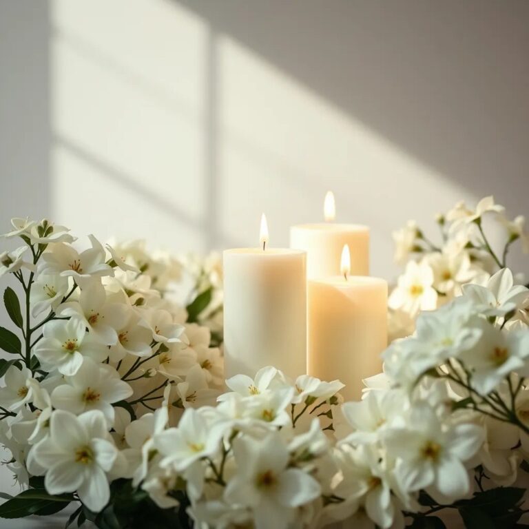 Des bougies blanches entourées de fleurs blanches