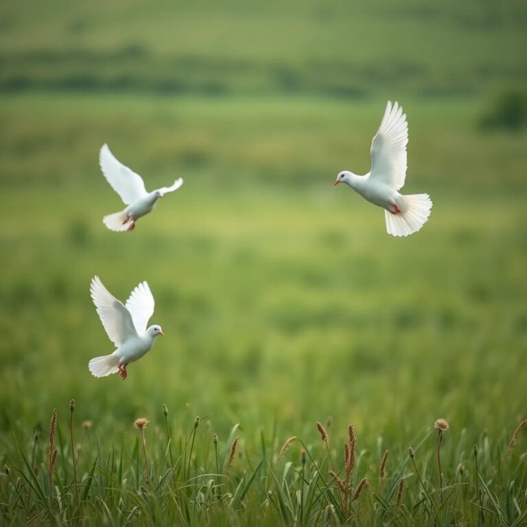 Des colombes blanches au-dessus d'une prairie