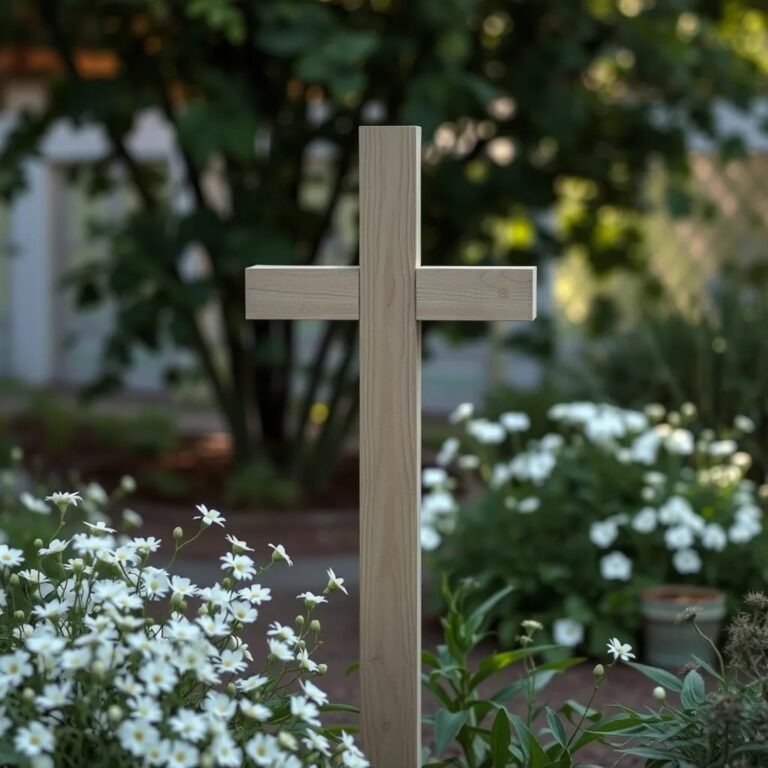 Des fleurs blanches au pied d'une croix en bois