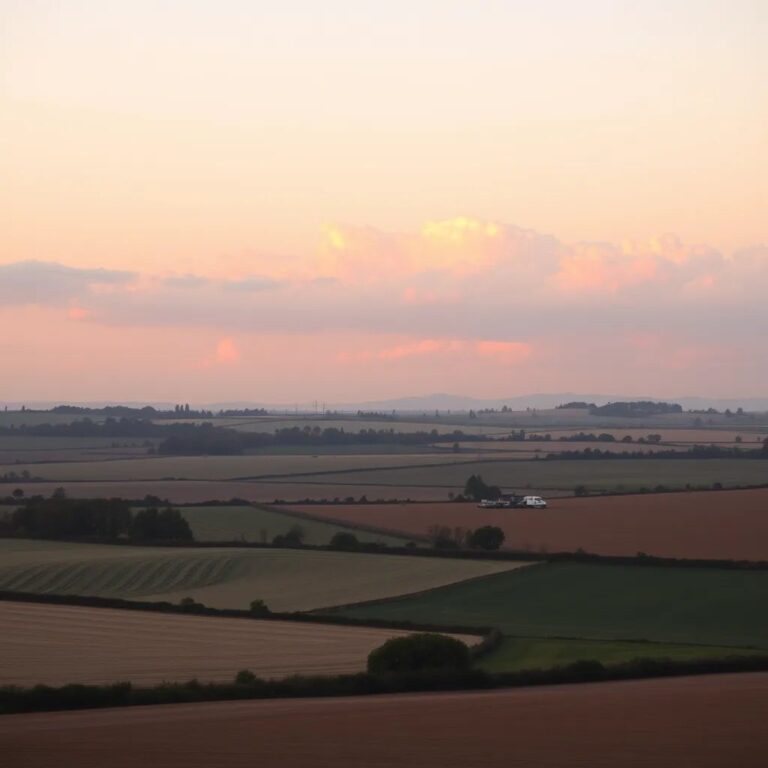 Des nuages roses au-dessus de la campagne