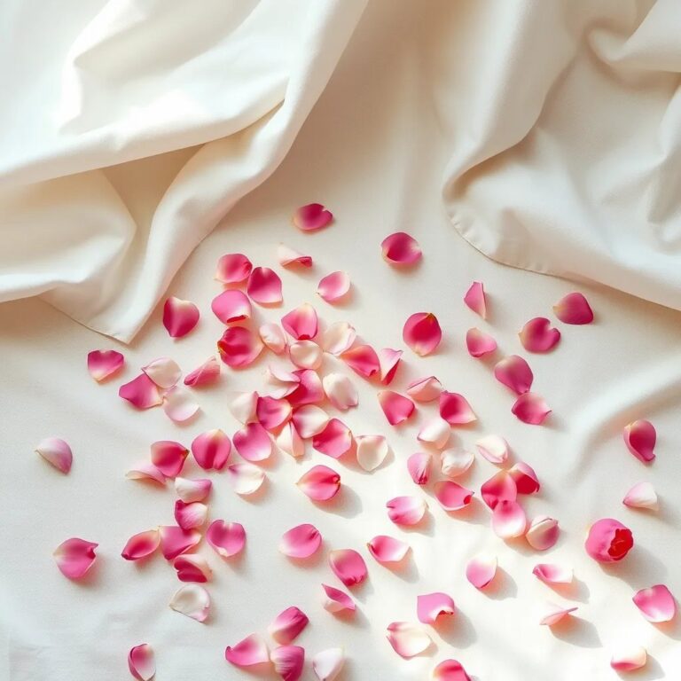 Des pétales de rose sur du lin blanc
