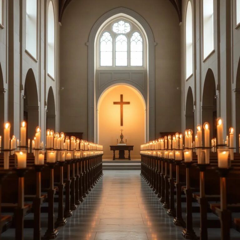Des rangées de cierges allumés dans une chapelle
