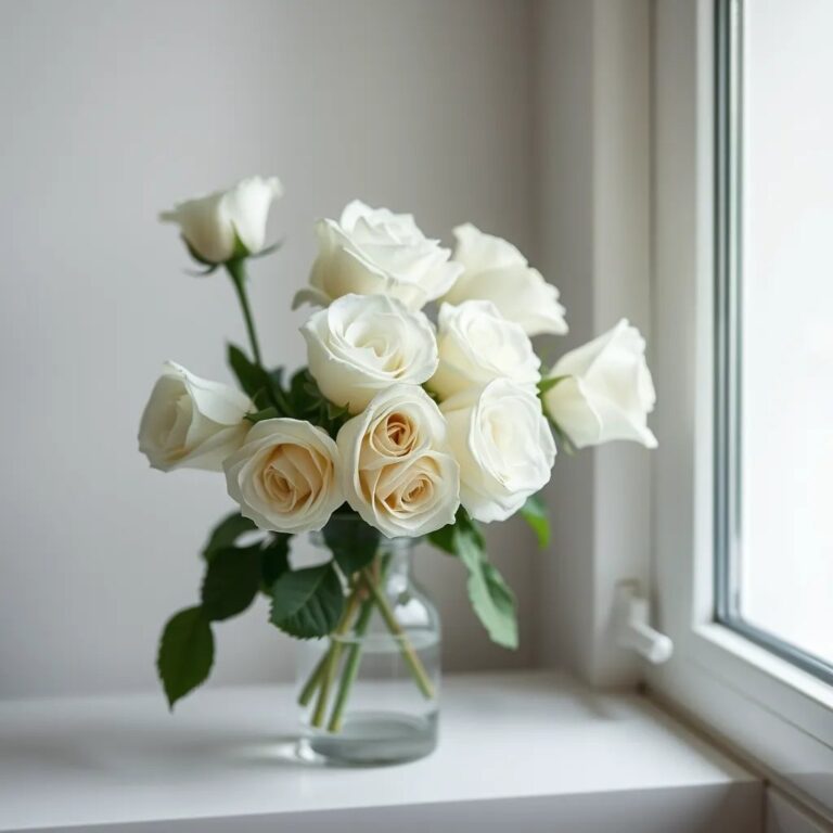 Des roses blanches dans un vase près d'une fenêtre