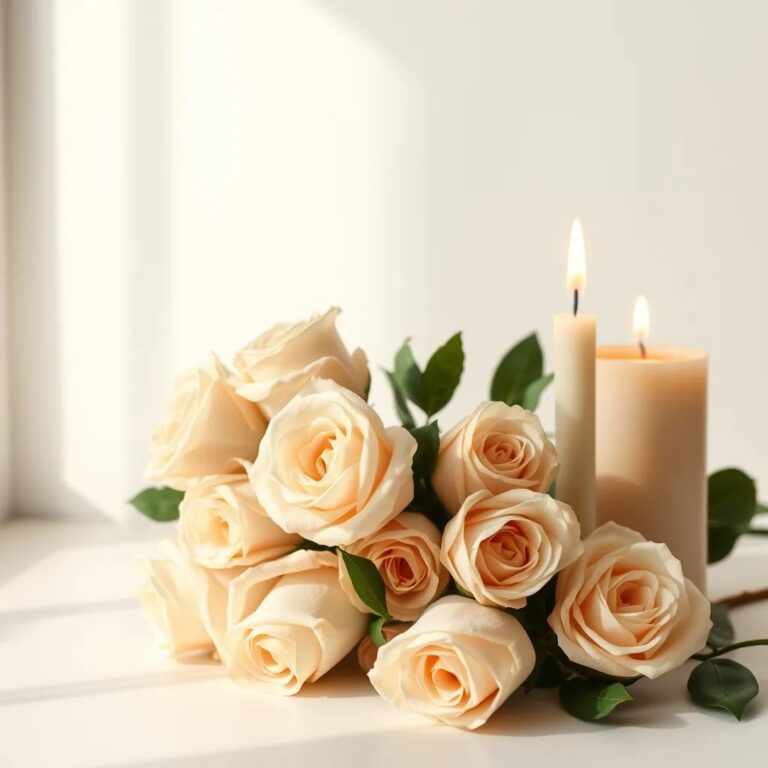 Des roses crème près d'une bougie allumée