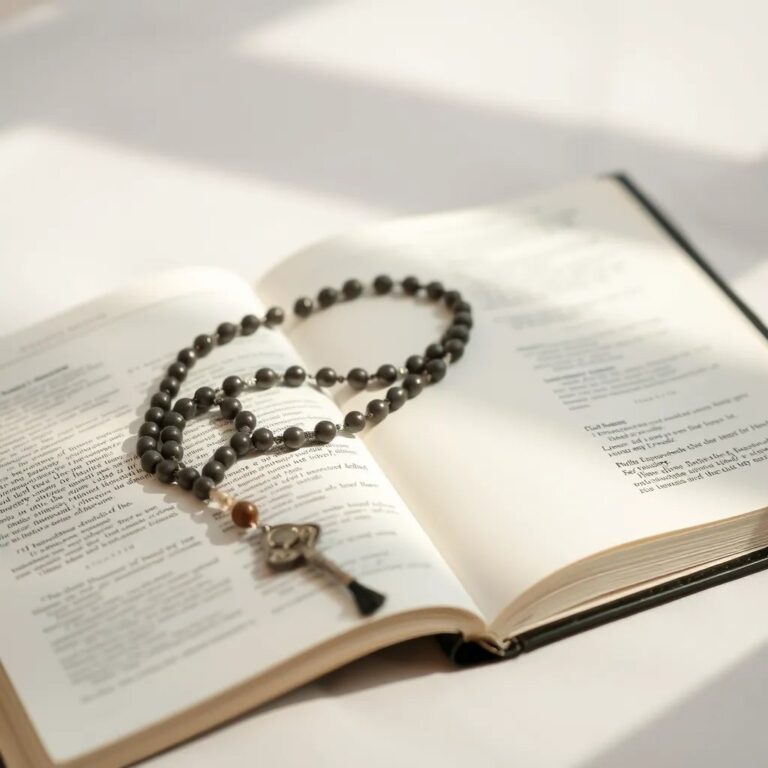 Un chapelet posé sur une bible ouverte