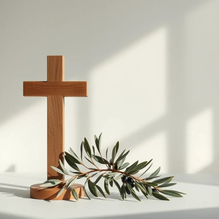 Un rameau d'olivier près d'une croix en bois