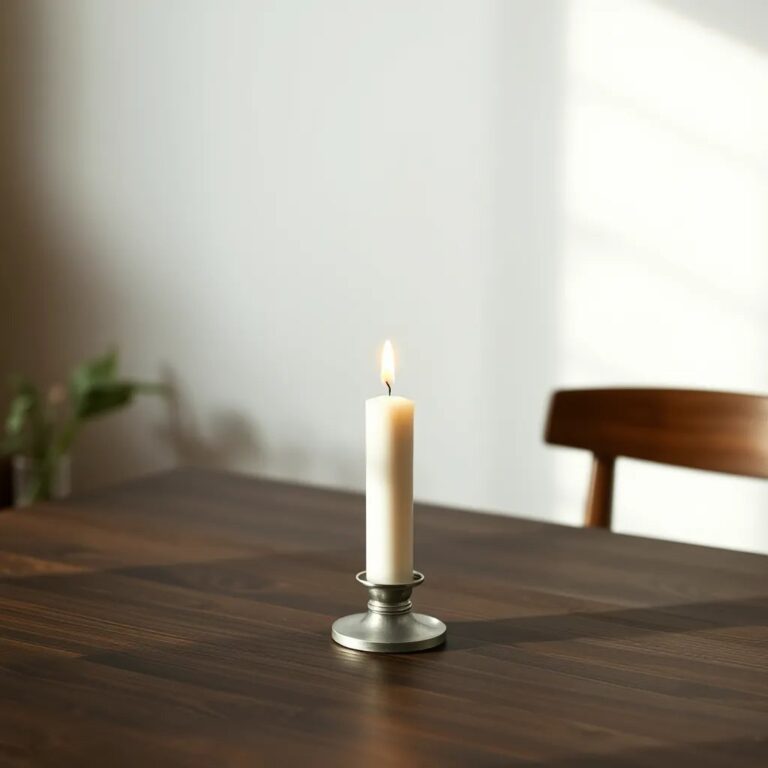 Une bougie blanche allumée sur une table en bois