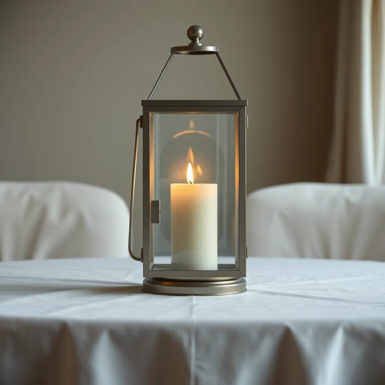 Une bougie dans une lanterne de verre sur une nappe en lin