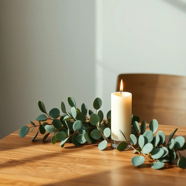 Une bougie et des feuilles d'eucalyptus sur une table