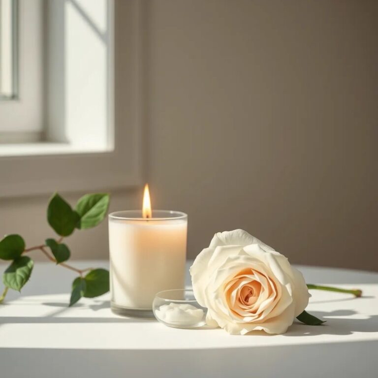 Une bougie et une rose blanche dans la lumière du matin