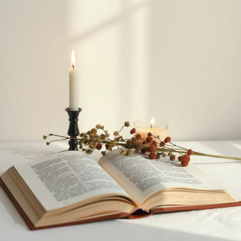 Une bougie près d'un livre ouvert et de fleurs séchées