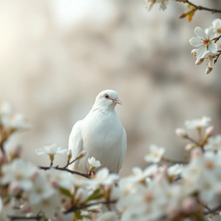 Une colombe blanche parmi des fleurs blanches