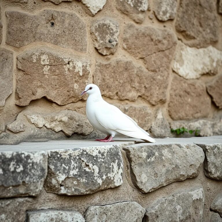 Une colombe blanche posée sur un vieux mur