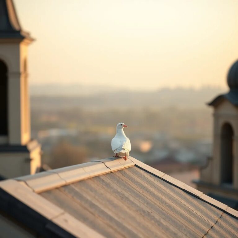 Une colombe sur le toit d'une église à l'aube