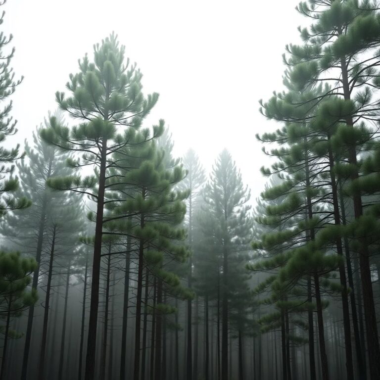 Une forêt de pins dans la brume