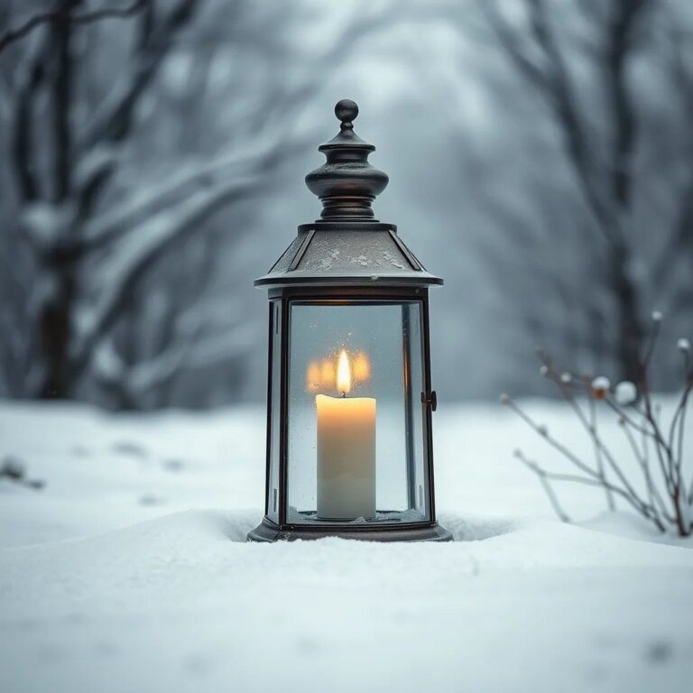 Une lanterne allumée dans la neige