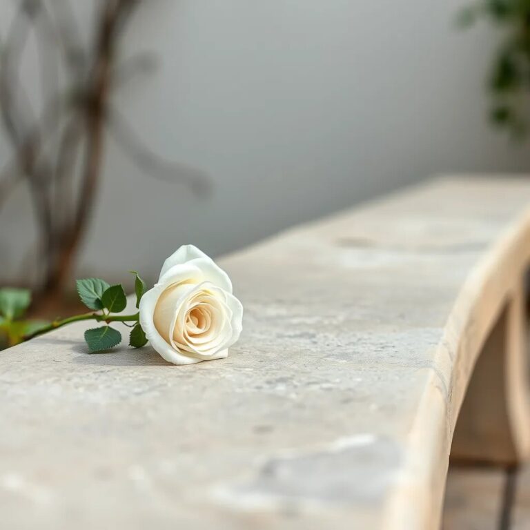 Une rose blanche sur un banc de pierre