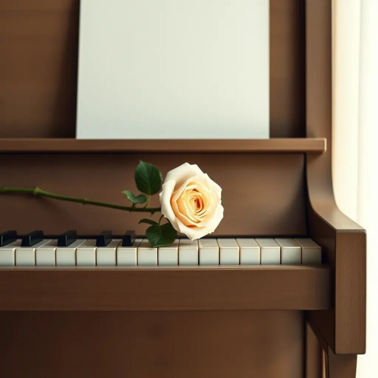 Une rose crème posée sur un piano