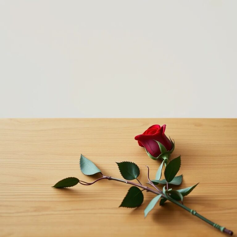 Une rose rouge posée sur une table en bois