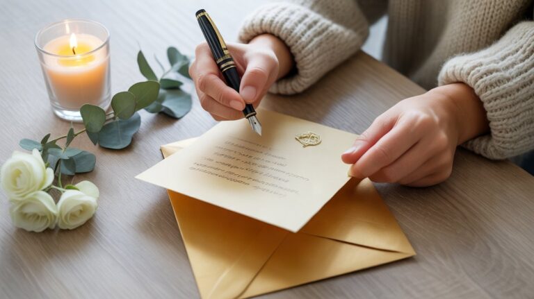 Mains écrivant une lettre de condoléances sur papier crème près d'une bougie