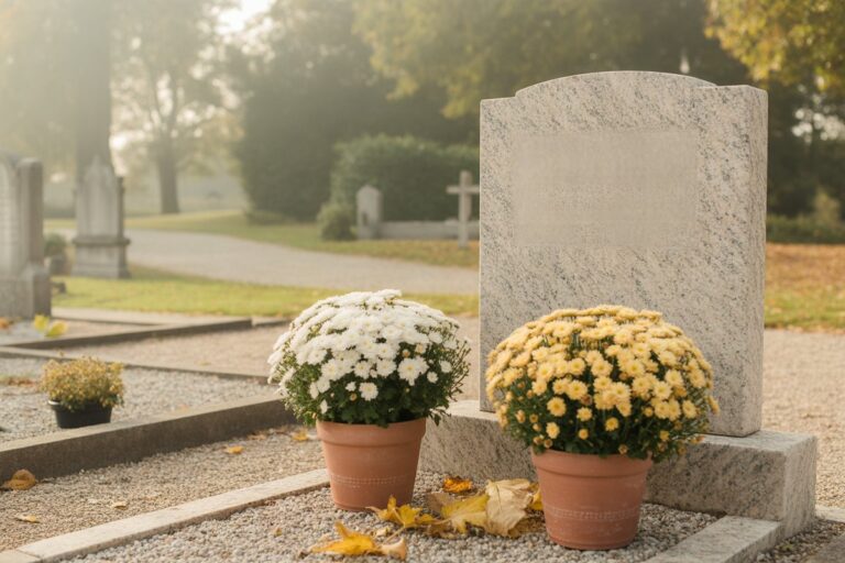 Deux pots de chrysanthèmes crème et or posés sur une tombe en automne