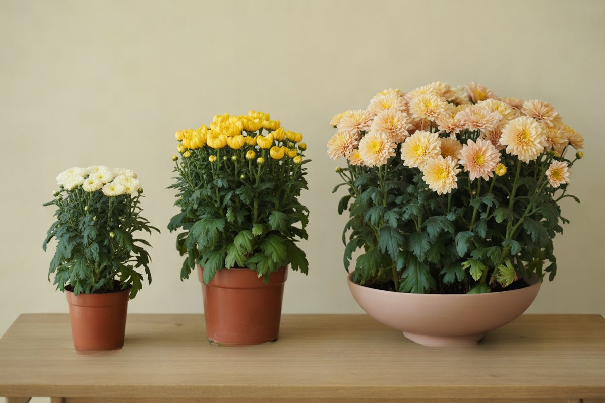 Trois chrysanthèmes en pots de 15, 19 et 23 cm alignés par taille