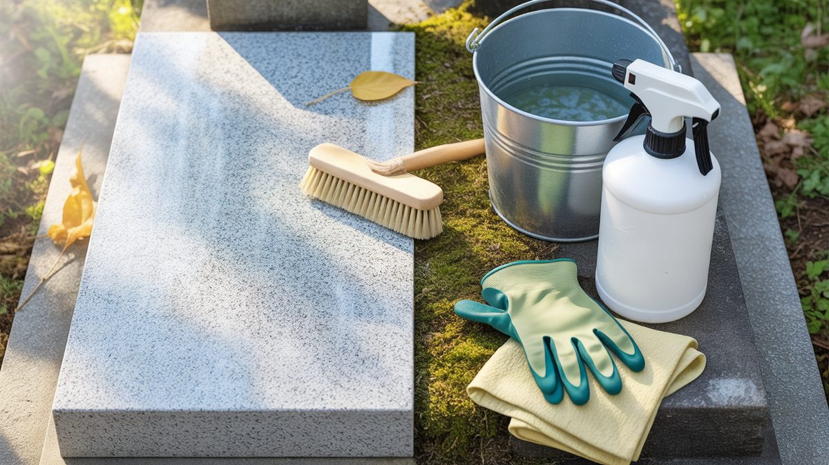 Brosse nylon, seau, pulvérisateur et gants posés sur une dalle de granit à démousser