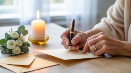 Mains âgées écrivant une carte de condoléances près d'une bougie et de fleurs blanches